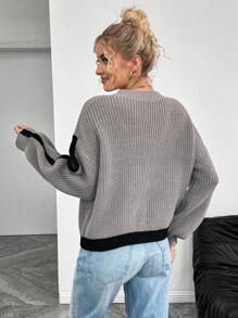 SHEIN LUNE Women Casual Color Block Round Neck Drop Shoulder Long Sleeve Knitted Loose Pullover Sweater, Fashionable Versatile For Autumn/Winter Fall - Grey - View 2
