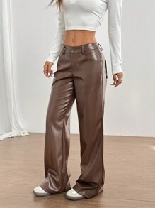 SHEIN Unity Pantalon en PU lavé à taille ultra basse et jambe droite simple - Tabac - Voir 6