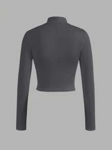 Slaydiva Minimalist Casual Basic Turtleneck Zipper V-Neck Long Sleeve Tight Stretch Women Tops, Autumn/Winter - Grey - View 4