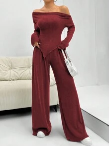 SHEIN Unity 2 件纯色不对称领长袖上衣和裤子休闲套装新年衣服 - 紅色 - 查看 4