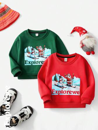SHEIN 2pcs/Set Young Boy Long Sleeve Santa Claus & Snowman Skiing Print Sweatshirt Outfit, For Christmas