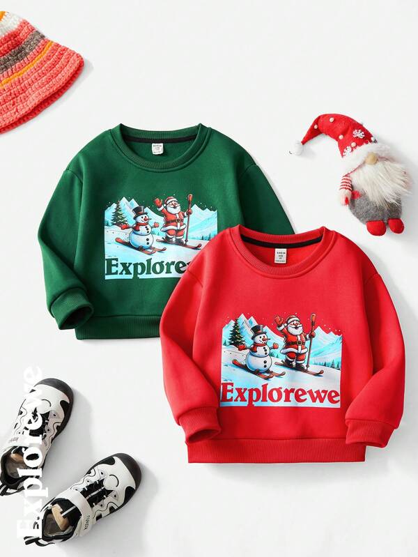 SHEIN Set de 2 prendas Sudadera con estampado de Papá Noel y muñeco de nieve esquiando, para niño pequeño, para Navidad