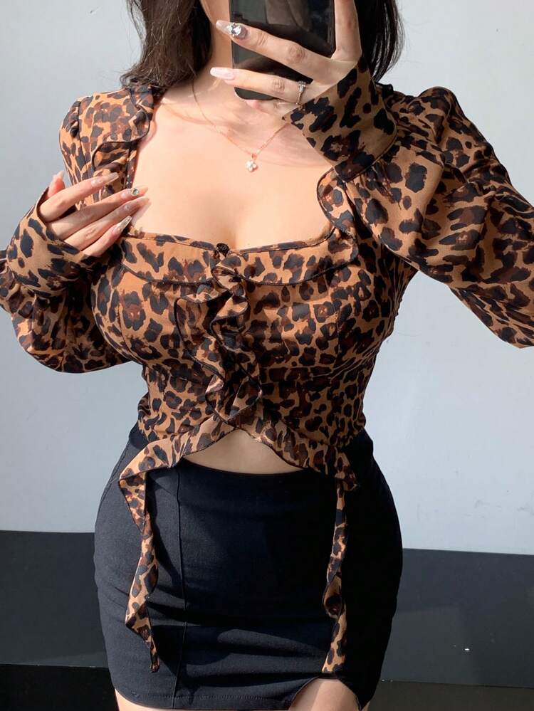 Fitted Leopard Print Ruffle Hem Splicing Top For Women Cheetah Print Long Sleeve Women Tops,Fall Women Clothes