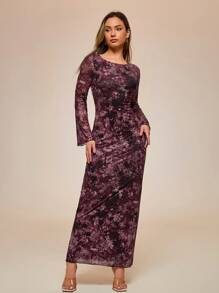 Glamine 1 pieza Vestido con estampado floral elegante en todo el Body, mangas acampanadas, cintura con lazo y espalda descubierta, atuendo para fiesta de Navidad