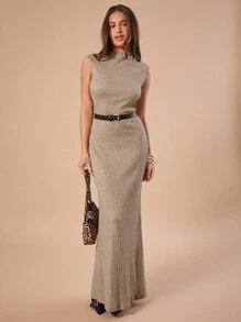 Forever 21 Women's Solid Color Stand Collar Sleeveless Fish Tail Hem Elegant Dress - Coffee - View 5