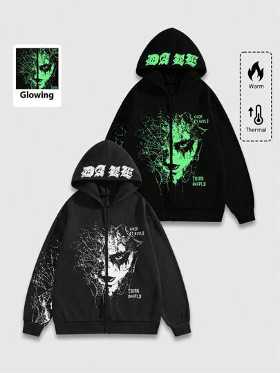 Street Life Herren Neon Buchstaben- und Ziffern-Muster Reißverschluss Lässiger Hoodie für den Herbst