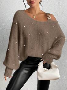 Uhlyne 1pc Women Asymmetric Neck Faux Pearl Decor Long Sleeve Sweater, Autumn/Winter Knit Pullover Fall - Mocha Brown - View 3