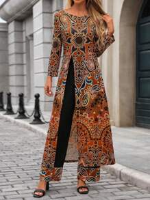 EMERY ROSE 女士全印花圆领长袖休闲上衣和裤子套装 - 棕色 - 查看 5