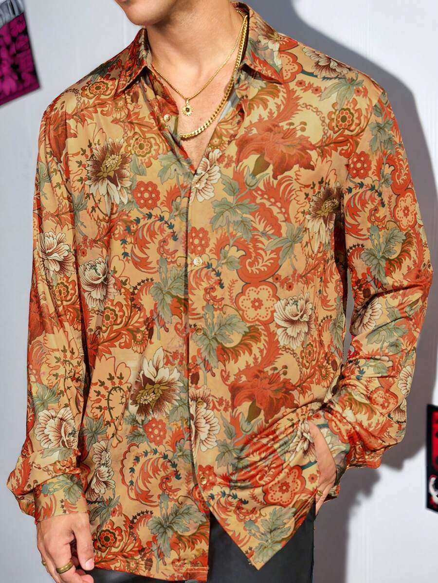 Manfinity BRENVOR 男士时尚休闲宽松长袖梭织衬衫，送给男友的秋季礼物 - 彩色 - 查看 1