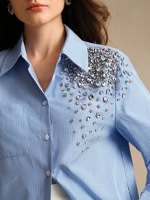 Anewsta Camicetta elegante da donna con strisce e decorata a mano con cristalli