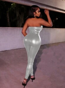 Slaydiva Summer Music Festival Casual Tube Top Black PU Trousers Women's Tight Jumpsuit-G - Silver - View 2