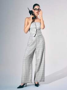 SHEIN Unity جمبسوت نسائية بطبعة مربعات مع أزرار أمامية، أنيقة وبدون أكمام، بطراز "العملة القديمة"، بذلات نسائية أنيقة