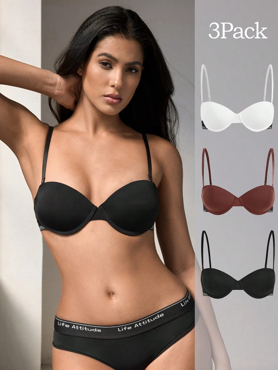 EasyFave 女士字母印花有鋼圈成型杯推進內衣(3入/Pack) - 彩色 - 查看 1