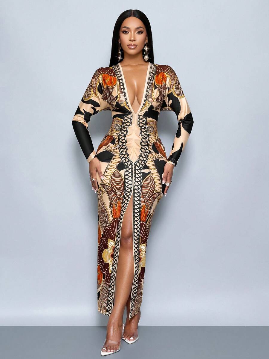 SOLERSUN Women's Chain Print Slit Thigh Bodycon Dress, Sexy Deep V-Neck, High Waisted Print Long Sleeve Dress, Elegant Maxi Women Outfit - Brown - View 1