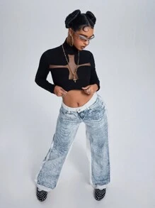 SHEIN ICON 女式纯色拼布前扣口袋休闲牛仔裤 Grunge 低腰直筒宽松牛仔裤 - 彩色 - 查看 3