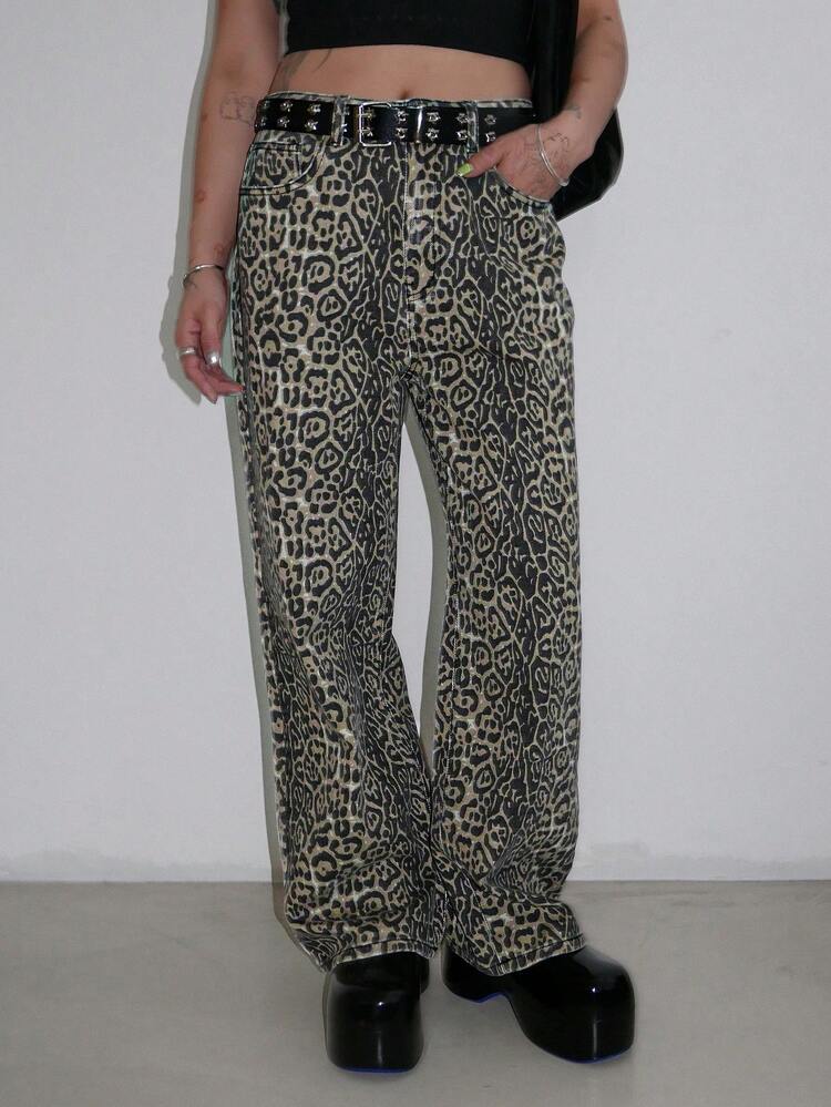 Women's Spring/Summer Long Leopard Print Denim Jeans, Casual & Fashionable For Everyday Wear Cheetah Print