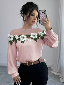 Chiquease Floral Embroidered Mesh Contrast Women Elegant Round Neck Long Sleeve Blouse, Autumn