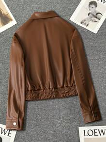 Chiquease Wide Lapel Snap Button Panel Stitching Elastic Hem Music Festival Short Leather Jacket