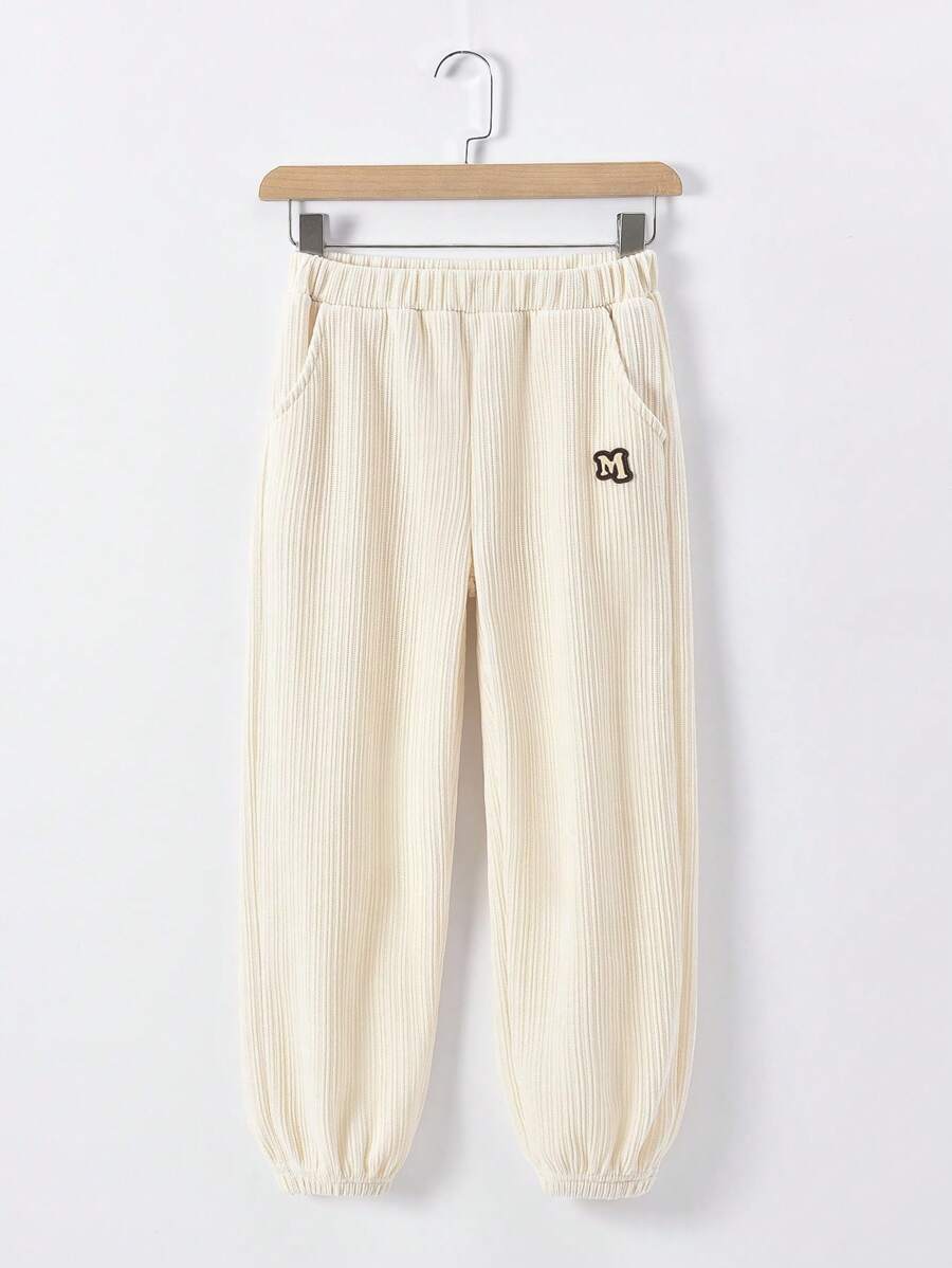 Tween Girl Lettering Elastic Waist Pockets Cuffed Casual Sweatpants - Apricot - View 1