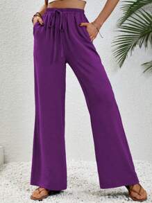 Breezaya 女士纯色腰带口袋直筒宽松休闲阔腿裤 - 紫色 - 查看 4