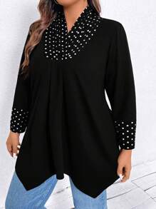 SHEIN CURVE+ 大码波点拼接长袖简约T恤，休闲日常穿着，春季女式印花上衣 - 黑色 - 查看 3