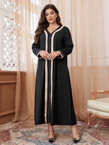Al Najma Plus Size V-Neck Patchwork Long Dress, Loose Casual Modest Long Sleeve Dress For Autumn/Winter