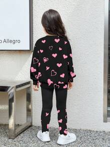 SHEIN 2 件套年轻女孩休闲圆领运动衫和紧身裤套装，适合秋冬季 - 彩色 - 查看 3