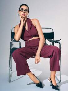 Zolique Women's Notched Collar Sleeveless Striped Minimalist Top And Long Pants Suit Set,Business Casual Women,Office Wear Women ,Old Money Style,Office Wear Women