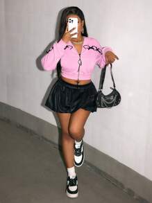 Zolique 1 件女式前拉链长袖蝴蝶装饰简约衬衫