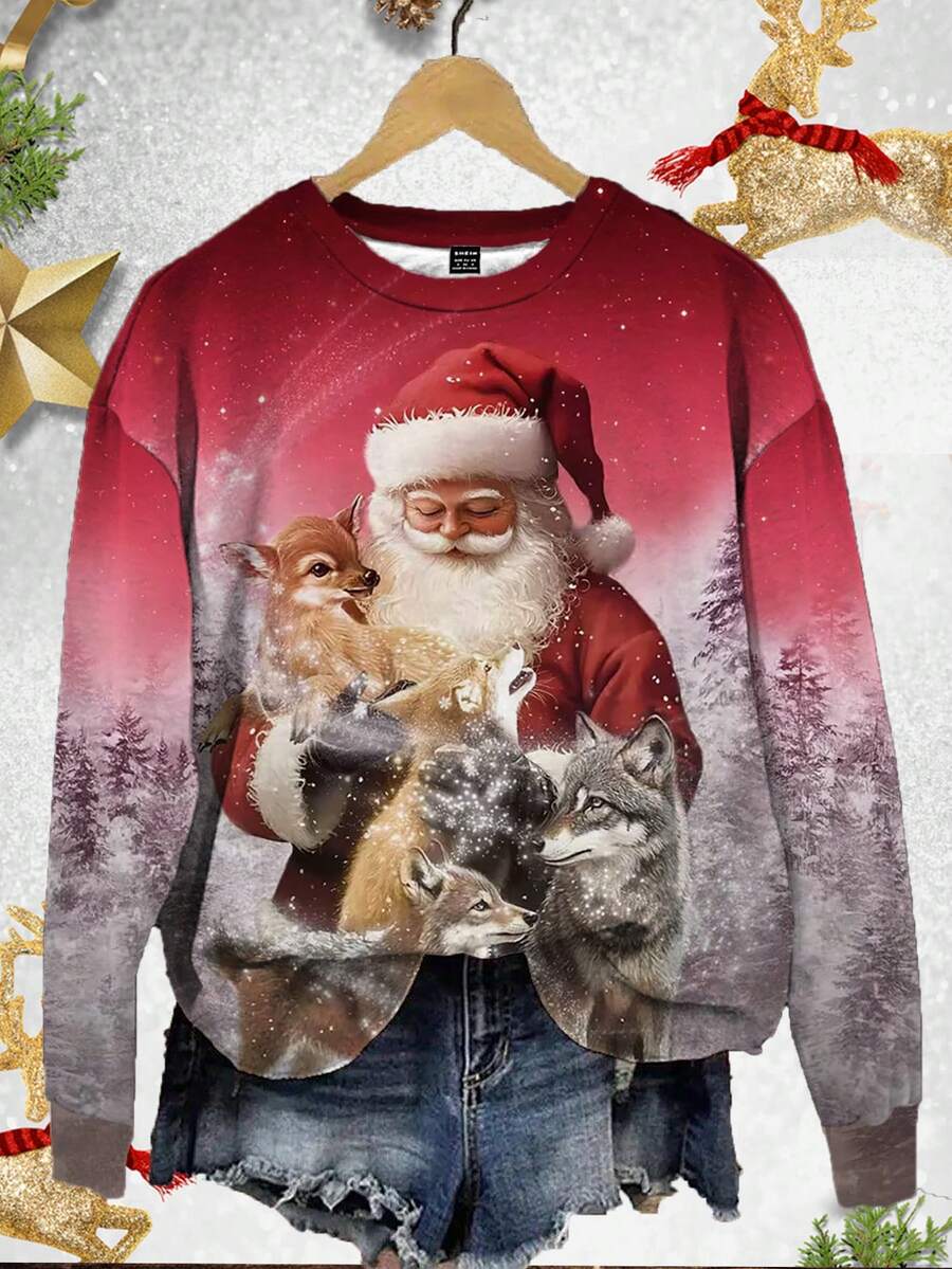 SHEIN LUNE 休闲简约圣诞老人与鹿动物印花图案圆领长袖宽松女式运动衫，适合夏季 - 彩色 - 查看 1