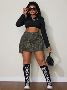 Slaydiva Plus Size Front Button Pockets Simple Casual Denim Leopard Print Cargo Skirt - Multicolor - View 1