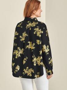 EMERY ROSE 大码女式休闲花卉金色纽扣装饰衬衫，秋季 - 黑色 - 查看 2