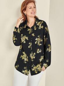 EMERY ROSE 大码女式休闲花卉金色纽扣装饰衬衫，秋季 - 黑色 - 查看 4