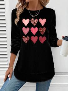 SHEIN LUNE Casual Heart Pattern Minimalist Loose Fit Crew Neck Long Sleeve Sweatshirt For Women, Suitable For Autumn & Winter