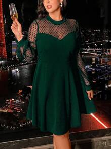 SHEIN Clasi Vestido largo de manga larga y cuello redondo de talla grande con inserto de malla transparente, para Navidad, conjunto de mujer