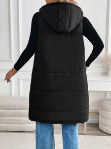 SHEIN Clasi 连帽无袖长款棉质背心，修身，侧拉链，中长，休闲，百搭，保暖，适合秋冬装 - 黑色 - 查看 2