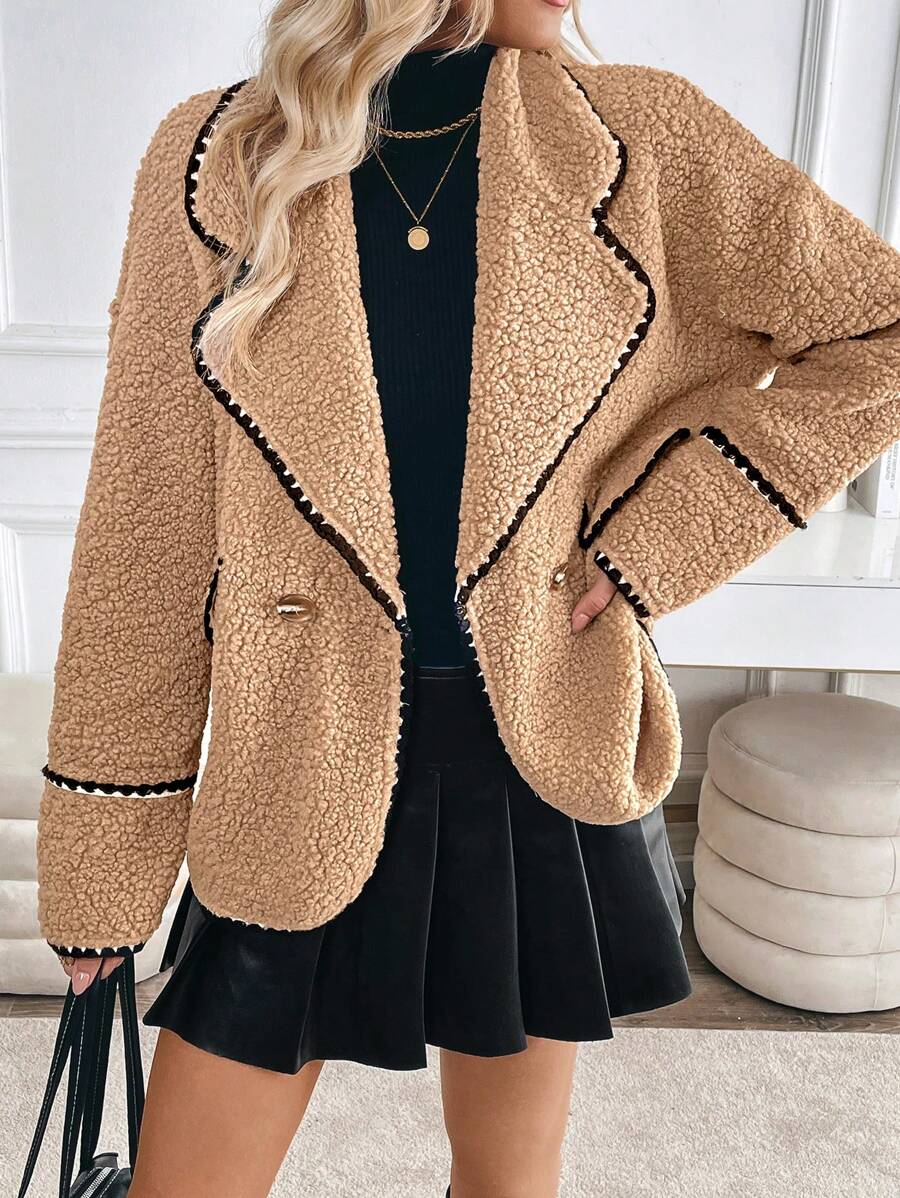 SHEIN Clasi 休闲拼色仿羊毛夹克，秋冬 - 卡其色 - 查看 1