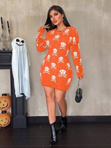 Zolique New Halloween Skull Print Bodycon Fuzzy Ripped Crew Neck Long Sleeve Sweater Dress Fall Cloth For Women - Orange - View 3