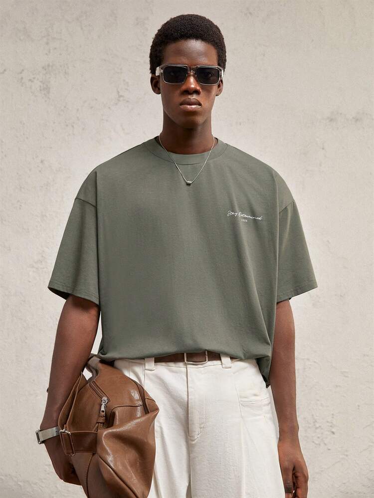 Men Knitted Floral Pattern Print Loose Drop Shoulder Crew Neck Urban Short Sleeve Casual T-Shirt, Suitable For Summer, Old Money, Boyfriend Gift