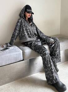 DAZY Bộ 2 món áo trùm đầu có khóa kéo dài tay và quần dài họa tiết da báo cho nữ, mùa thu/đông, họa tiết da báo - màu nâu - Xem 1