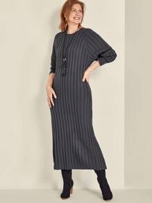 SHEIN Clasi Plus Size Round Neck Long Sleeve Simple Long Knit Sweater Dress, Casual For Daily Wear - Dark Grey - View 6