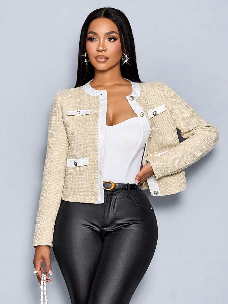 SOLERSUN 女士冬季时尚粗花呢金色纽扣装饰撞色细节夹克 - 杏色 - 查看 1