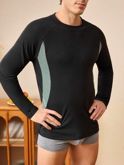 1 pieza Camisa casual de cuello redondo de manga larga y unicolor con parches para hombre, abrigada