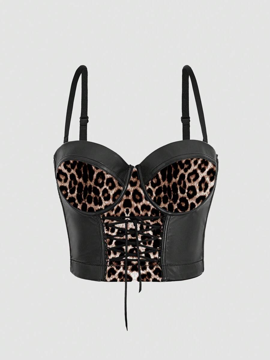 EgrlEra 豹纹系带性感修身吊带背心上衣 Y2K 图案猎豹印花女式上衣 - 彩色 - 查看 1