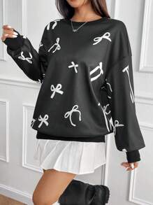 Chiquease 时尚休闲圆领宽松设计圆领运动衫保暖内衬，蝴蝶结点缀，黑白，秋冬短款 - 黑色 - 查看 4