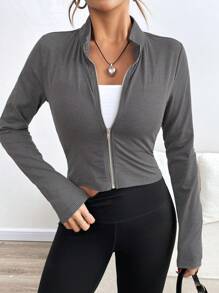 Chiquease Camiseta de manga larga con cuello alto, ajustada y acanalada con cremallera delantera para mujer, para otoño/invierno - Gris Oscuro - Ver 6
