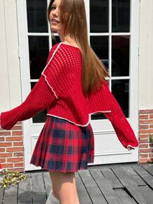 Jouncy Sweater Rajut Longgar Asimetris Berongga untuk Wanita dengan Pola Angka, Pullover Rajut Musim Gugur Musim Dingin - Merah - View 4