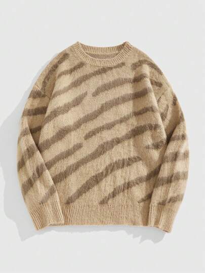 Street Life pull col rond homme décontracté à bloc de couleurs et motif zébré asymétrique