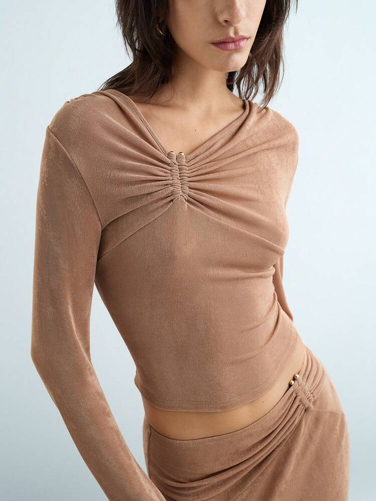 SHEIN Maija Autumn New Style Casual Urbane Elegant Women Camel Top With Oblique Collar, Metal Decor, Waisted For School, Holiday, Party