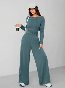 SHEIN PETITE Bộ đồ hai mảnh dệt kim mỏng mùa thu đông dành cho nữ + quần ống rộng thoải mái và giản dị màu xám đậm - màu xanh lá - Xem 4